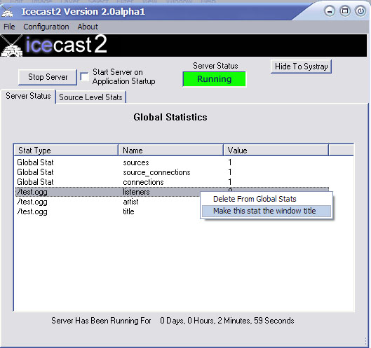 Screenshot of Icecast Windows GUI - Server Status Tab