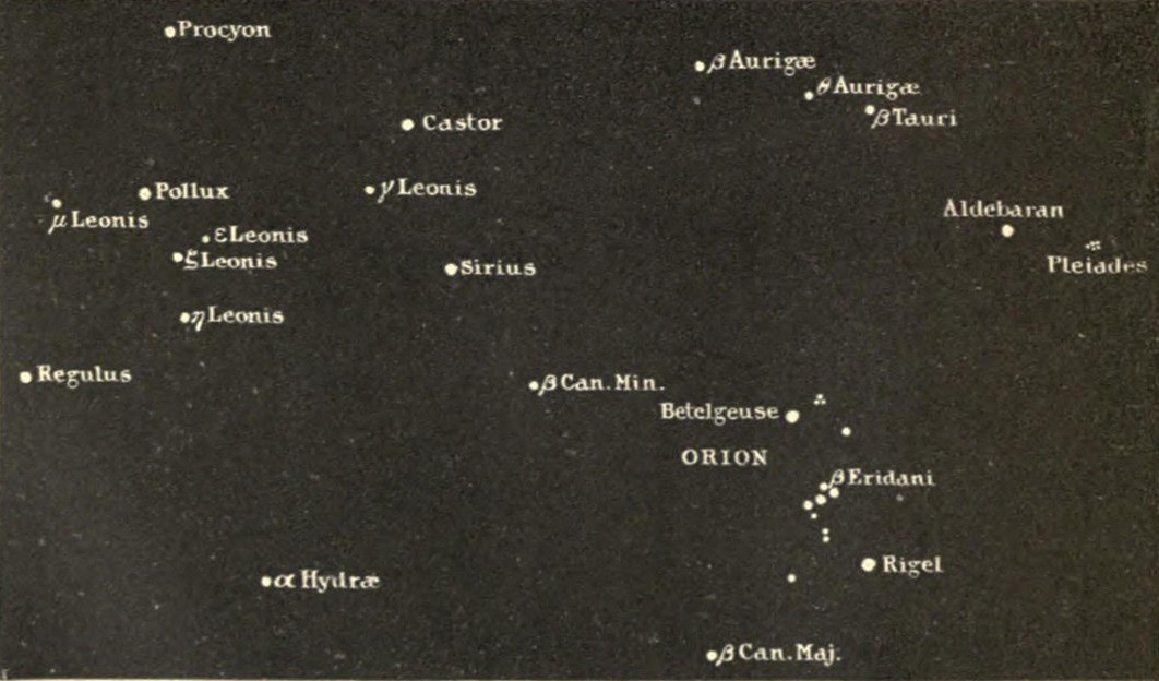 The same sky, labeled with names of stars and constellations.